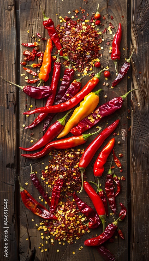 Poster a vibrant collection of fresh and dried chili peppers of various colors and shapes rests on a rustic