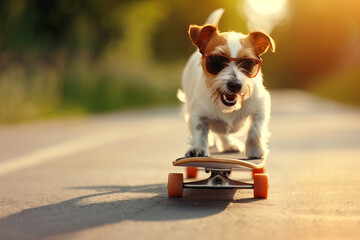 A cheerful corgi dog in sunglasses rolls at speed on a skateboard down a road against a forest backdrop on a sunny day. Concept of active recreation, action, creativity, bold decisions.