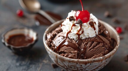 A bowl of rich chocolate ice cream topped with whipped cream
