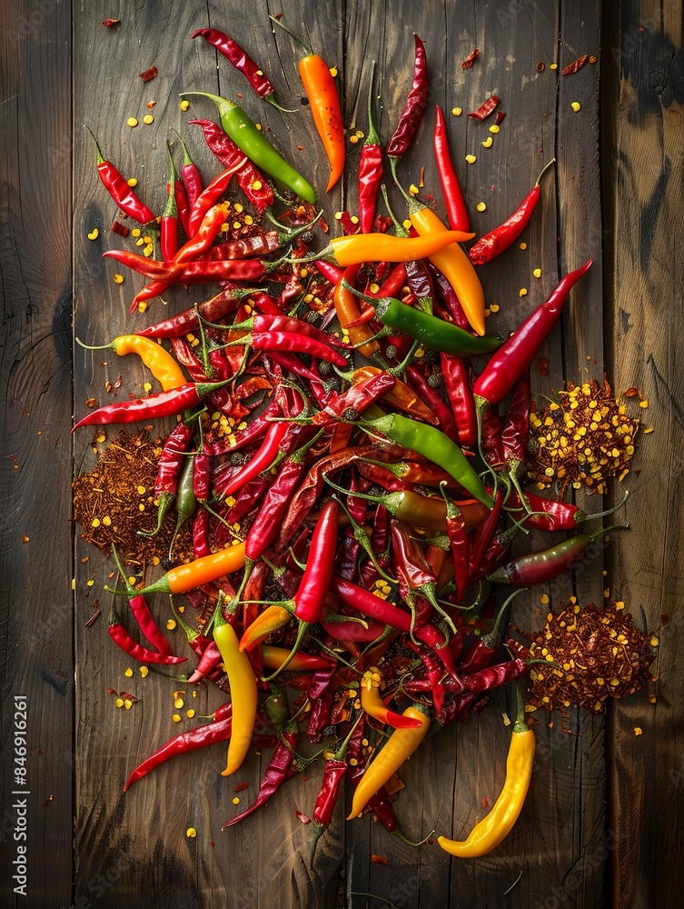 Poster an assortment of fresh and dried chili peppers in various colors and shapes are scattered on a weath