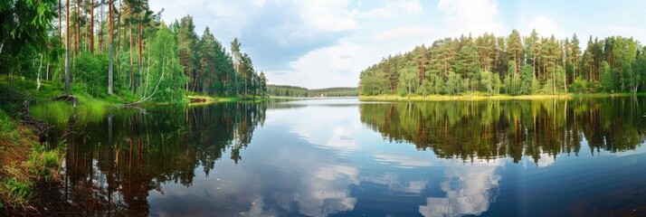 Fototapeta premium Lake. Panoramic View of Beautiful Forest Lake with Green Shore in Autumn Season