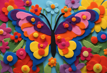 Felt art of a beautiful butterfly spreading its wings among the flowers.