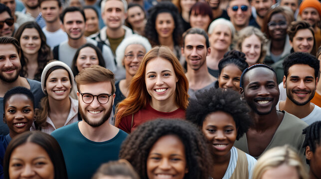 A large group of people of various nationalities and ages smiling happily.