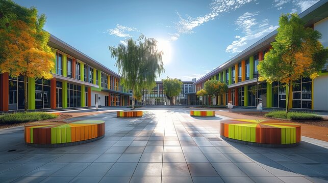A successful elementary school, showing good vibrant energy and architecturally pleasing outdoors. Generative AI.