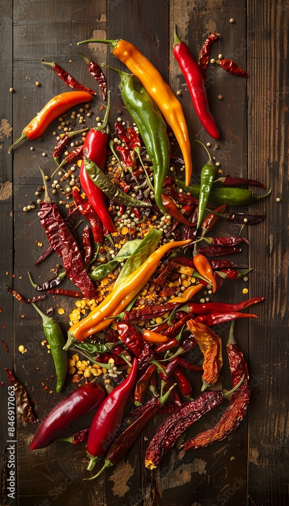 Poster a variety of fresh and dried chili peppers are scattered across a rustic wooden surface, creating a 