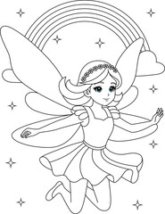 Cute kawaii fairy with sparkling wings flying on white background outline coloring page for kids