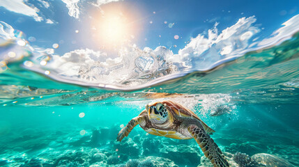 Obraz premium A high-speed photo of a unique sea creature surfacing, capturing the serene underwater world and the bright sky above