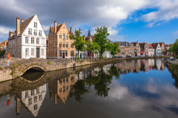 Scenery of Langerei district, a canal and street located in center Bruges, Belgium