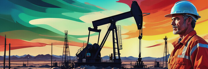 Oilman's Day. oil production. an oil worker. an oil well, an oilman on the background of an oil rig