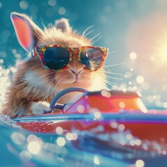 Rabbit wearing sunglasses driving a toy speedboat.