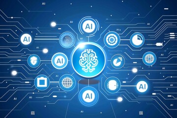 Obraz premium AI network and digital connections, technology integration, innovation, artificial intelligence, high tech visuals, futuristic design, electronic data, cyber theme, modern tech art, blue background