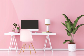 A white desk with a computer monitor and a lamp on it