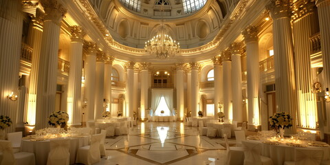 Obraz premium A classic European style palace, with high dome ceiling and decorations. wide format, Dining or restaurant. Hand edited generative AI.