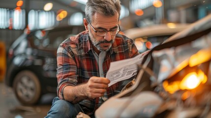 Focused Mechanic Reading Instructions in a Modern Car Repair Garage