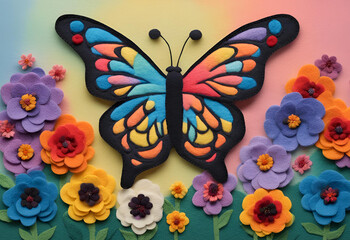 Felt art of a beautiful butterfly spreading its wings among the flowers.