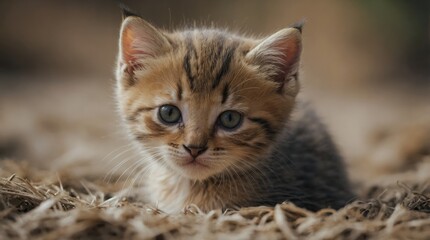 Kitten Nestled in Hay Outdoors