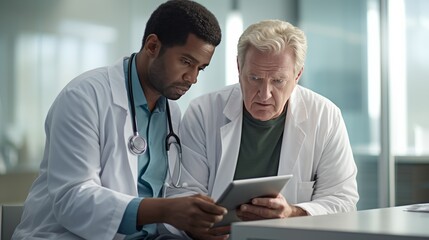 doctor and patient looking intently at a digital tablet screen, their faces reflecting understanding and concern