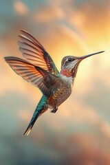 Fototapeta premium Capture a robotic hummingbird in mid-flight, its metallic feathers glistening under the sun, set against a dreamy watercolor sky