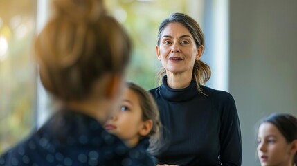 Obraz premium A mature woman training young interns, represents professional mentorship, with copy space
