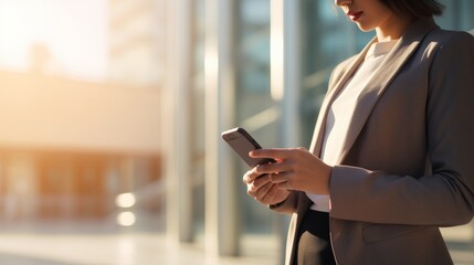 a woman using a smartphone with a focus on the phone's sleek design and a modern office background