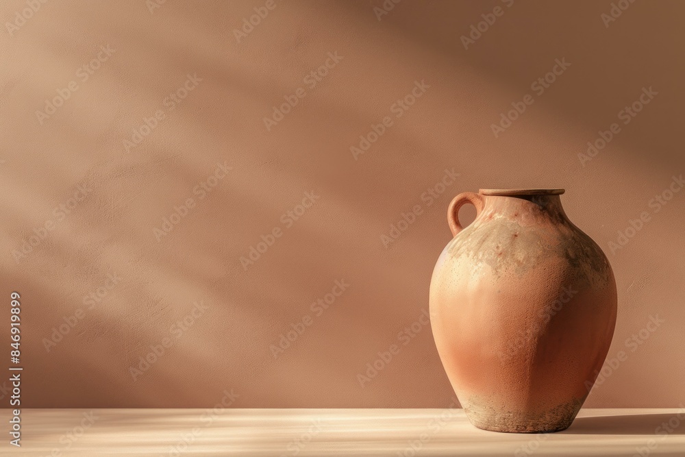 Poster minimalist composition featuring a single earthenware pot with a smooth neutral backdrop