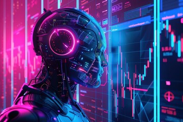 Graphic of illustration of an AI forecasting market trends, accented by neon lights and abstract hitech