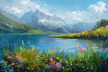 idyllic mountain lake surrounded by tall grass and colorful flowers scenic landscape