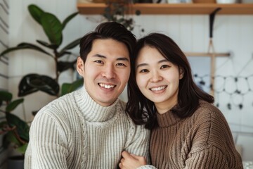 Portrait of a smiling asian couple in their 30s wearing a cozy sweater while standing against scandinavian-style interior background