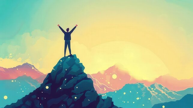 Illustration of a person standing on a mountaintop, arms raised in triumph, symbolizing reaching the pinnacle of success