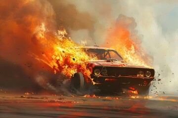 intense burnout with blazing tire flames and billowing smoke concept art
