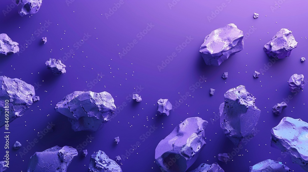 Poster abstract 3d render of floating purple rocks against a violet background, creating a surreal and futu
