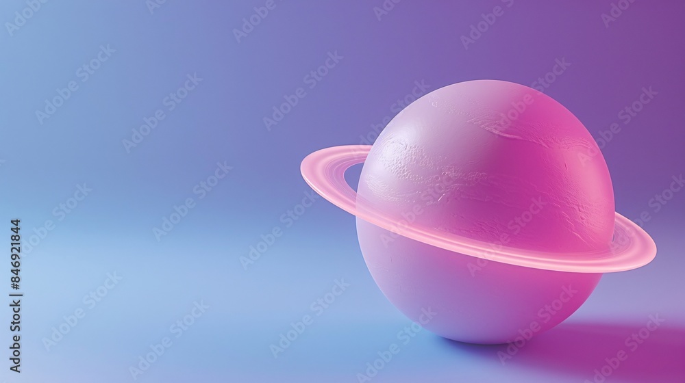 Poster abstract 3d render of a glowing pink sphere with a ring resembling a planet against a gradient blue-
