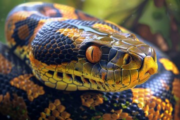 Obraz premium Closeup image captures the intricate scales and striking eyes of a vividly colored snake