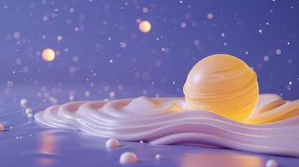 Fototapeta premium Abstract scene featuring a glowing sphere on a wavy surface with floating orbs, purple background, showcasing a dreamy and surreal atmosphere.