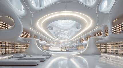 A fascinating modern and futuristic library, a lectern in the center, minimalist interior design, mode. Generative AI.