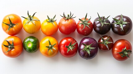 Studio shot of a group of colorful heirloom tomatoes on a white background, arranged in a visually appealing pattern to emphasize the freshness and organic nature of the produce