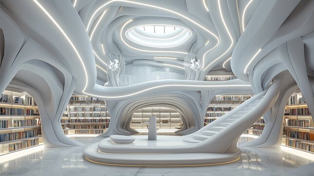 A fascinating modern and futuristic library, a lectern in the center, minimalist interior design, mode. Generative AI. - Powered by Adobe