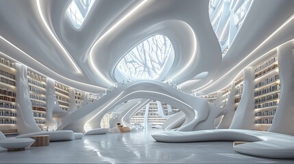 A fascinating modern and futuristic library, a lectern in the center, minimalist interior design, mode. Generative AI.