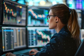 Focused female analyst reviews complex stock market charts across several monitors