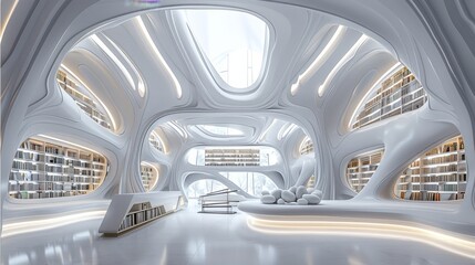 A fascinating modern and futuristic library, a lectern in the center, minimalist interior design, mode. Generative AI.