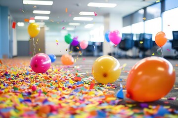 joyful office celebration colorful confetti and balloons scattered on floor after corporate party lifestyle photo