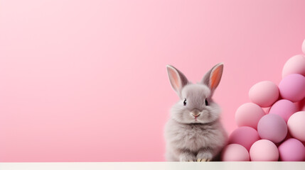 Fototapeta premium Cute gray rabbit, pink background