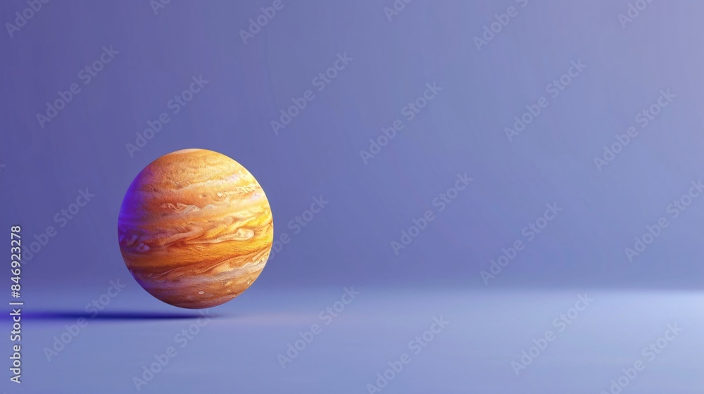 Poster 3d rendering of a stylized planet with orange and yellow textures on a gradient blue background.