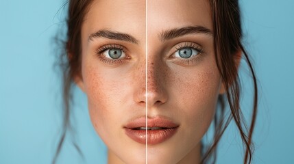 A woman's face is divided in half with a line to compare freckled faces. generate ai