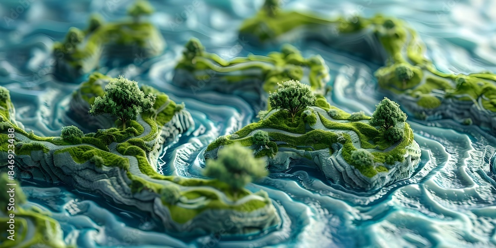 Poster enchanting map with optical illusions features floating islands above intricate ocean paths. concept
