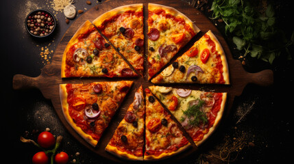Delicious aromatic pizza with gooey cheese, salami, pepperoni, and basil, next to the ingredients on a dark table surface.