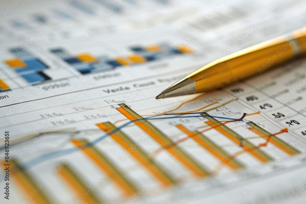 Aufkleber closeup view of financial data analysis with colorful graphs and charts, featuring a pen