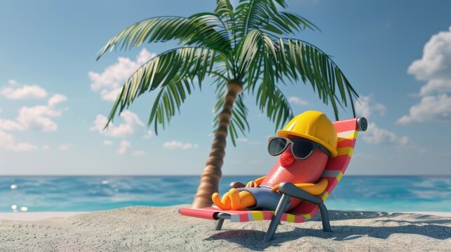 Cartoon Hot Dog in Sunglasses and Helmet Relaxing Under Palm Tree - Labor Day Humor, 3D Rendered