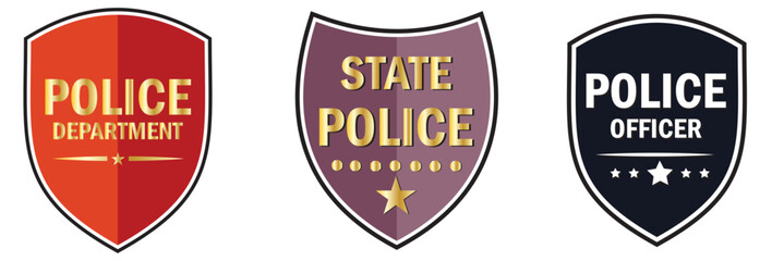 Police badges. Officer government badge, special police security medallion and federal agent signs, policeman insignia vector set