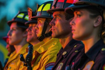 A group of firefighters, paramedics, and police officers standing shoulder-to-shoulder, their uniforms representing the selfless service and dedication of essential workers